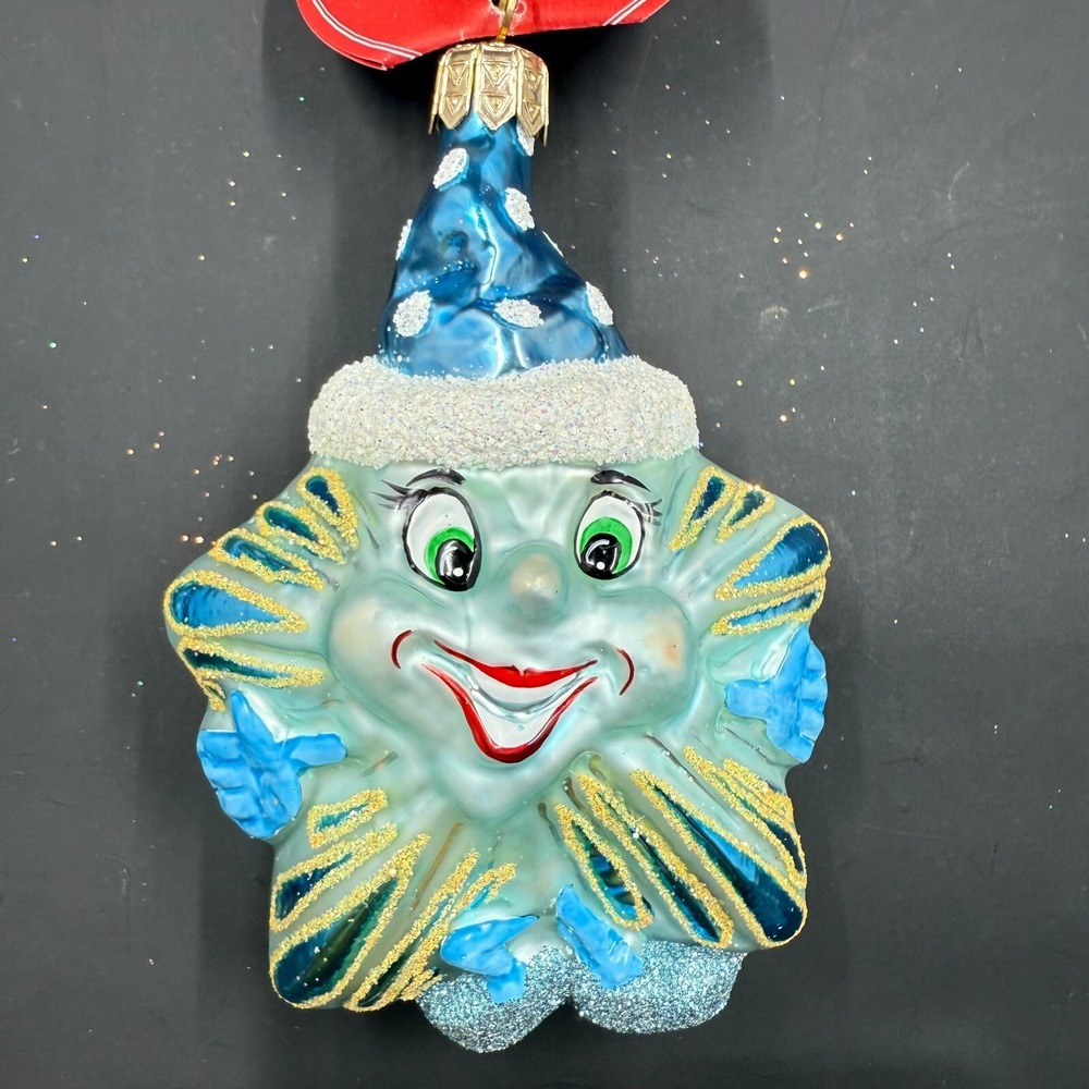 2002 SLAVIC TREASURES HAPPY STAR‎ BLUE 4" ORNAMENT 02-895 CHRISTMAS HAT FACE